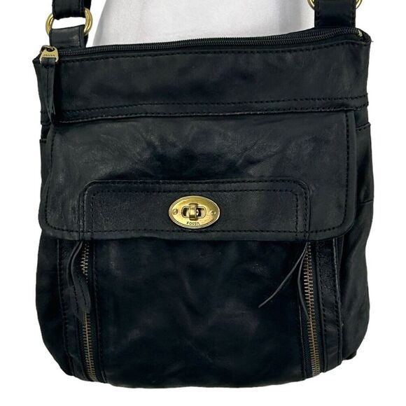 Vintage Fossil Black Leather Crossbody Front Flap Pocket Note Photos For Flaws - Picture 5 of 16